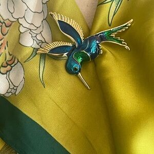 Vibrant Green Scarf with Gold and Blue Hummingbird Brooch